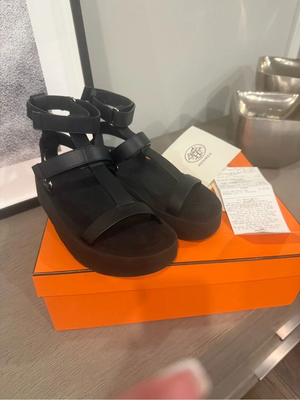 Hermes Enid Black Platform Strappy Ankle-Wrap Sandals